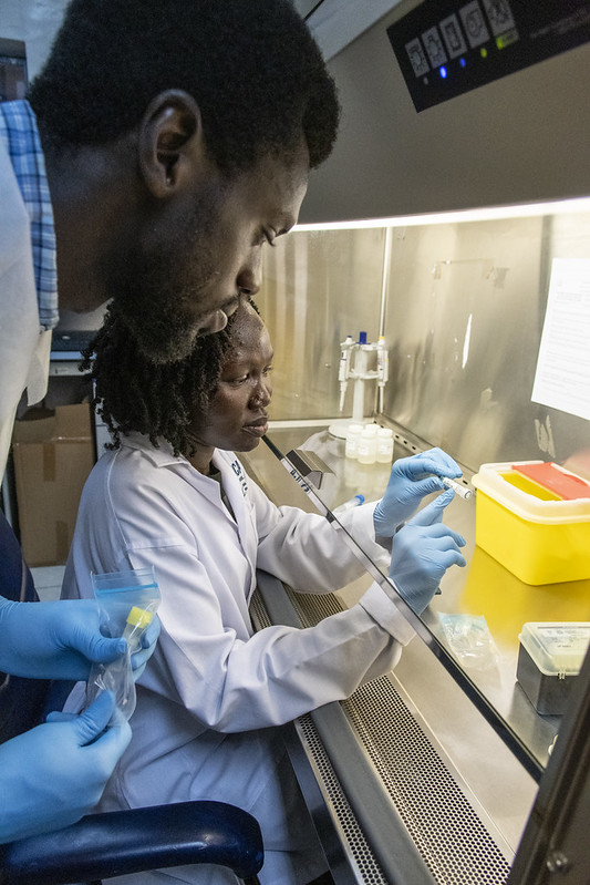 A woman wearing a lab coat and gloves holds a test tube while a man dressed similarly observes.
