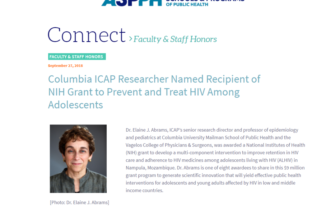 (ASPPH) ICAP’s Elaine Abrams Receives NIH Grant to Prevent and Treat HIV Among Adolescents