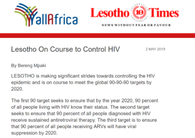 (Lesotho Times via AllAfrica.com) Lesotho On Course to Control HIV