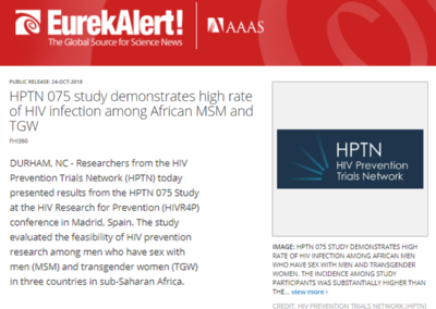 (EurekAlert) HPTN 075 study demonstrates high rate of HIV infection among African MSM and TGW