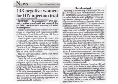 (Times of Swaziland) HPTN 084 study to enroll 148 HIV-negative women for HIV prevention trial