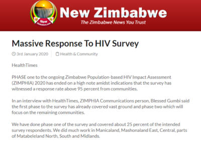 (New Zimbabwe) ZIMPHIA Survey Completes First Phase