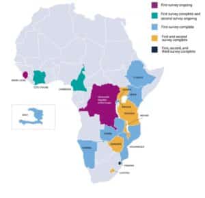 A map of Africa and Haiti showing countries in different colors indicating the progress of first, second, and third surveys; each color represents a different survey status. Countries are labeled and shaded accordingly.