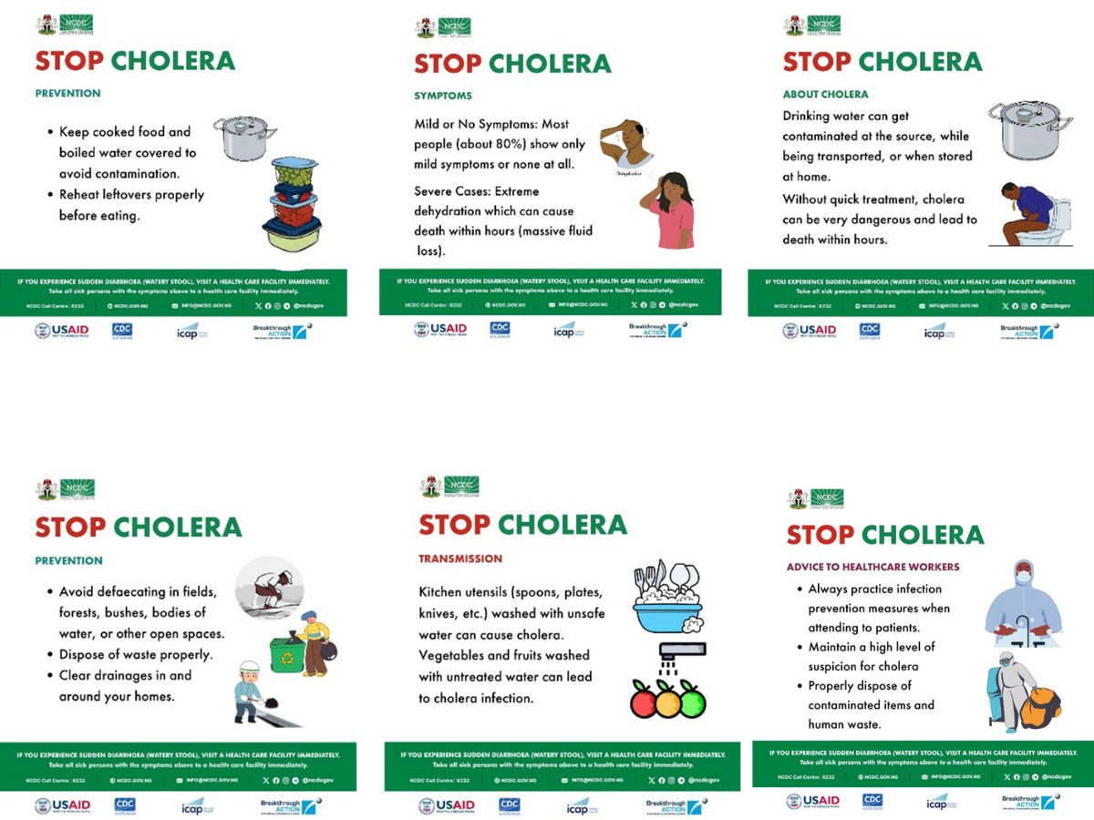 A series of six educational posters on cholera prevention and transmission. Topics include hygiene, symptoms, water safety, food handling, and advice for healthcare workers. Each poster features images and text promoting public health awareness.