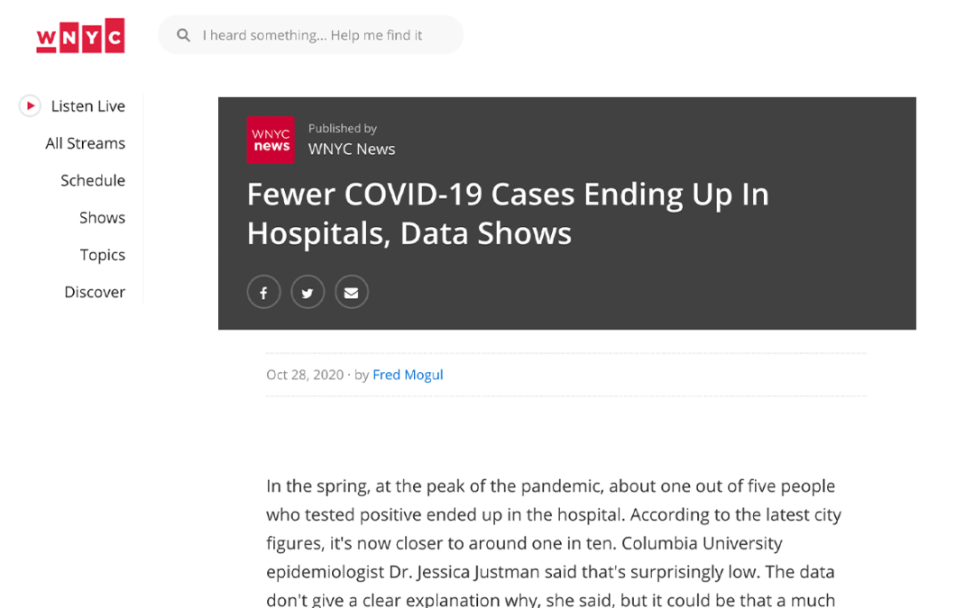 (WNYC) ICAP’s Jessica Justman Comments on How Fewer COVID-19 Cases are Ending up in Hospitals