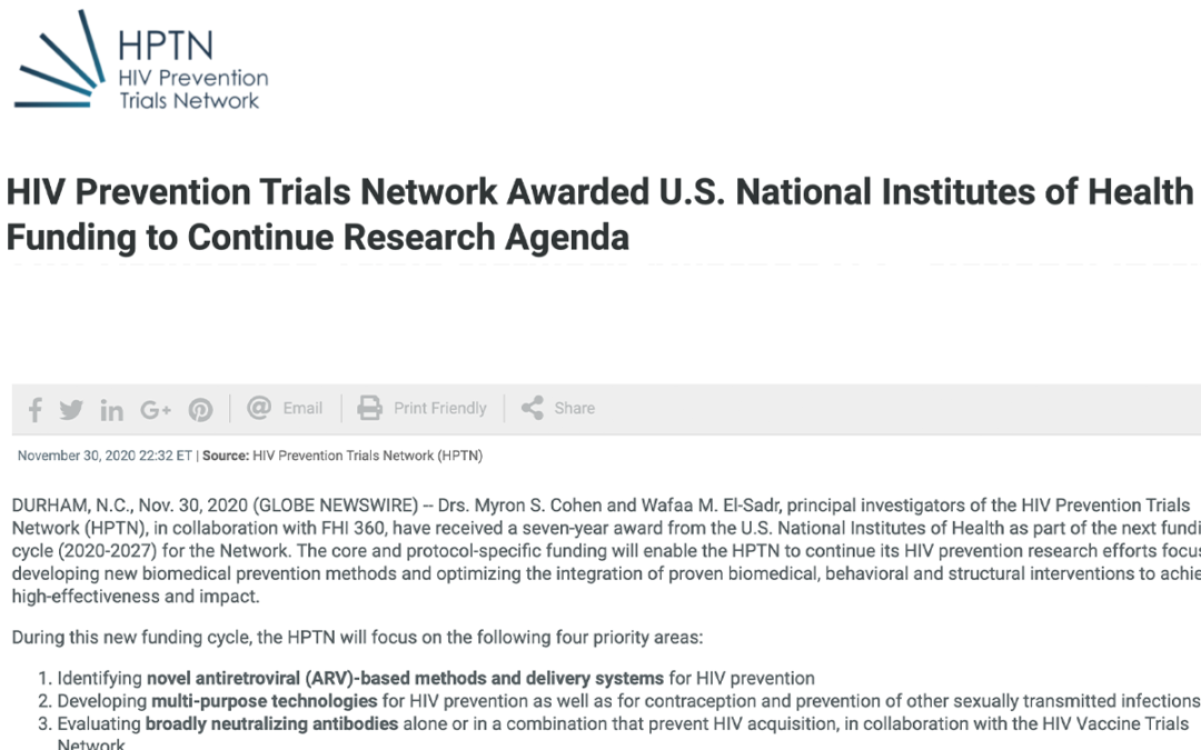 (GlobalNewsWire) ICAP Receives New Award from NIH for HIV Prevention Trials Network