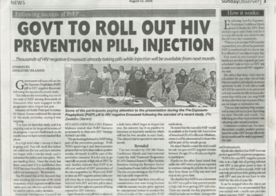 (Swazi Sunday Observer) Government to Roll Out HIV Prevention Pill, Injection